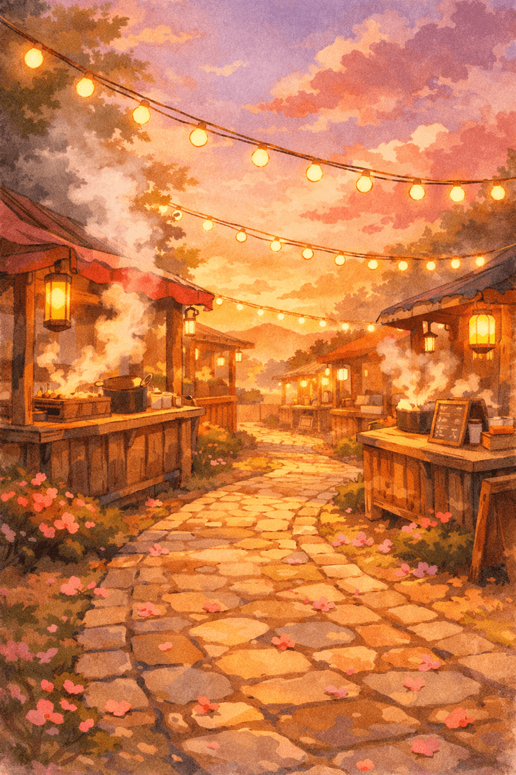 A magical food festival at golden hour