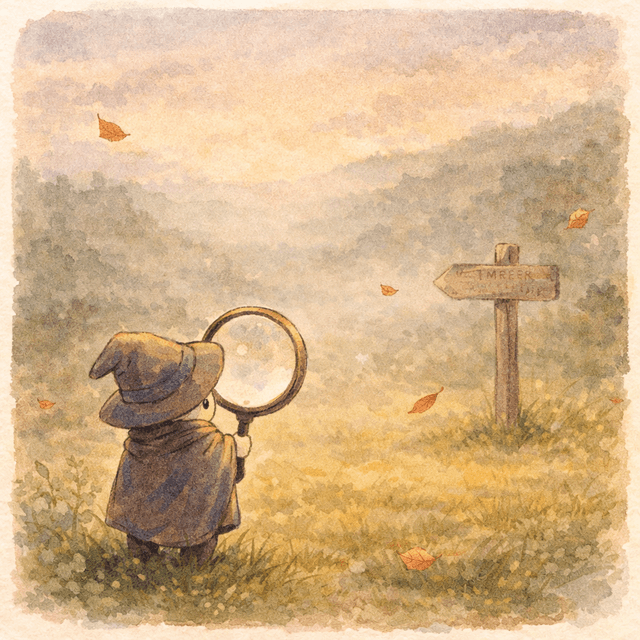 A small explorer with a magnifying glass looking over a quiet meadow with a faded signpost
