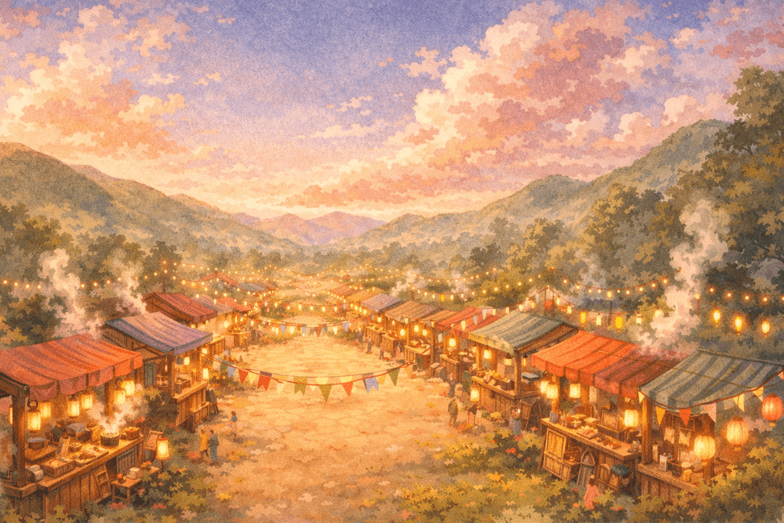A magical food festival at sunset