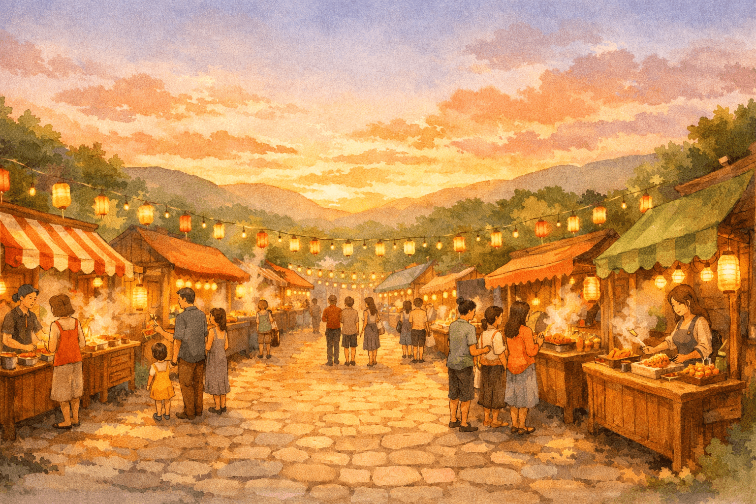 A vibrant Ghibli-style watercolor of a bustling food festival at golden hour